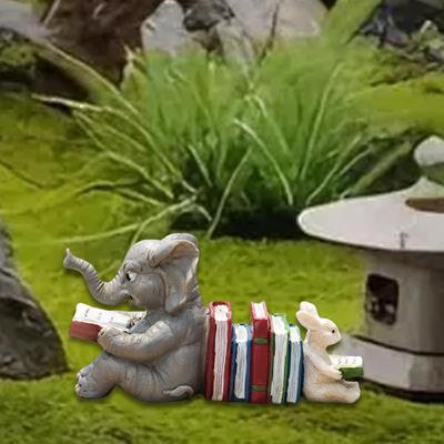 Elephant Rabbit Reading Book Statue Tabletop Ornament Decor Centerpiece Modern Resin Sculpture for