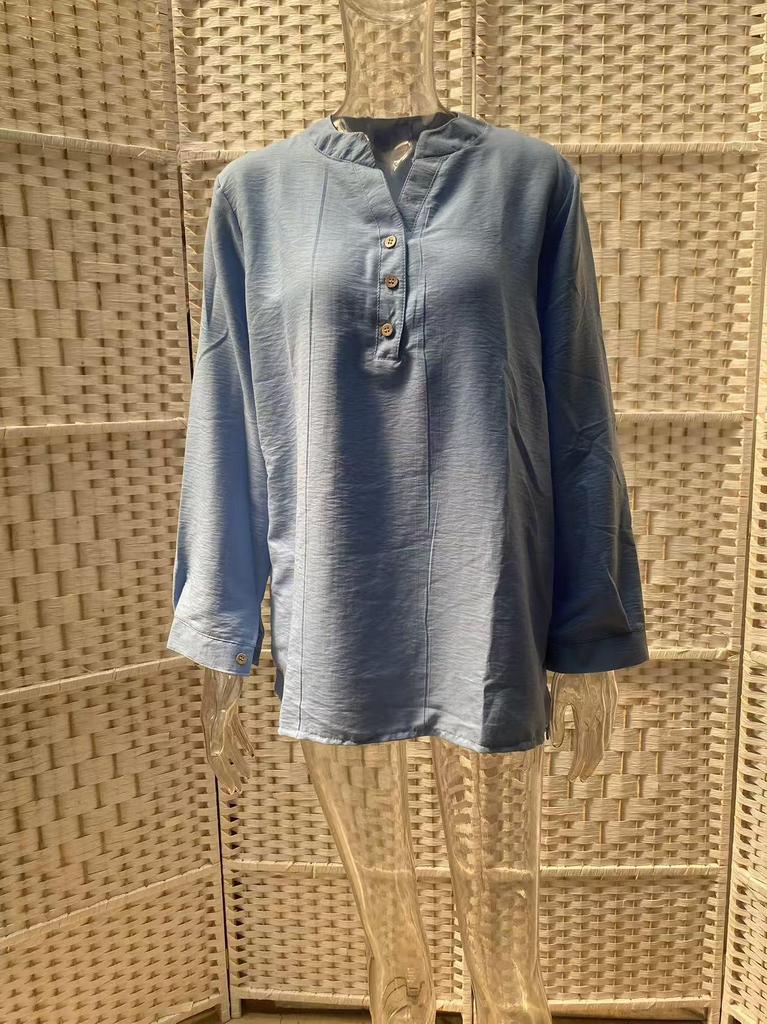 European & American Loose Plain Stand Collar Button Long Sleeve Cotton Linen Top for Women