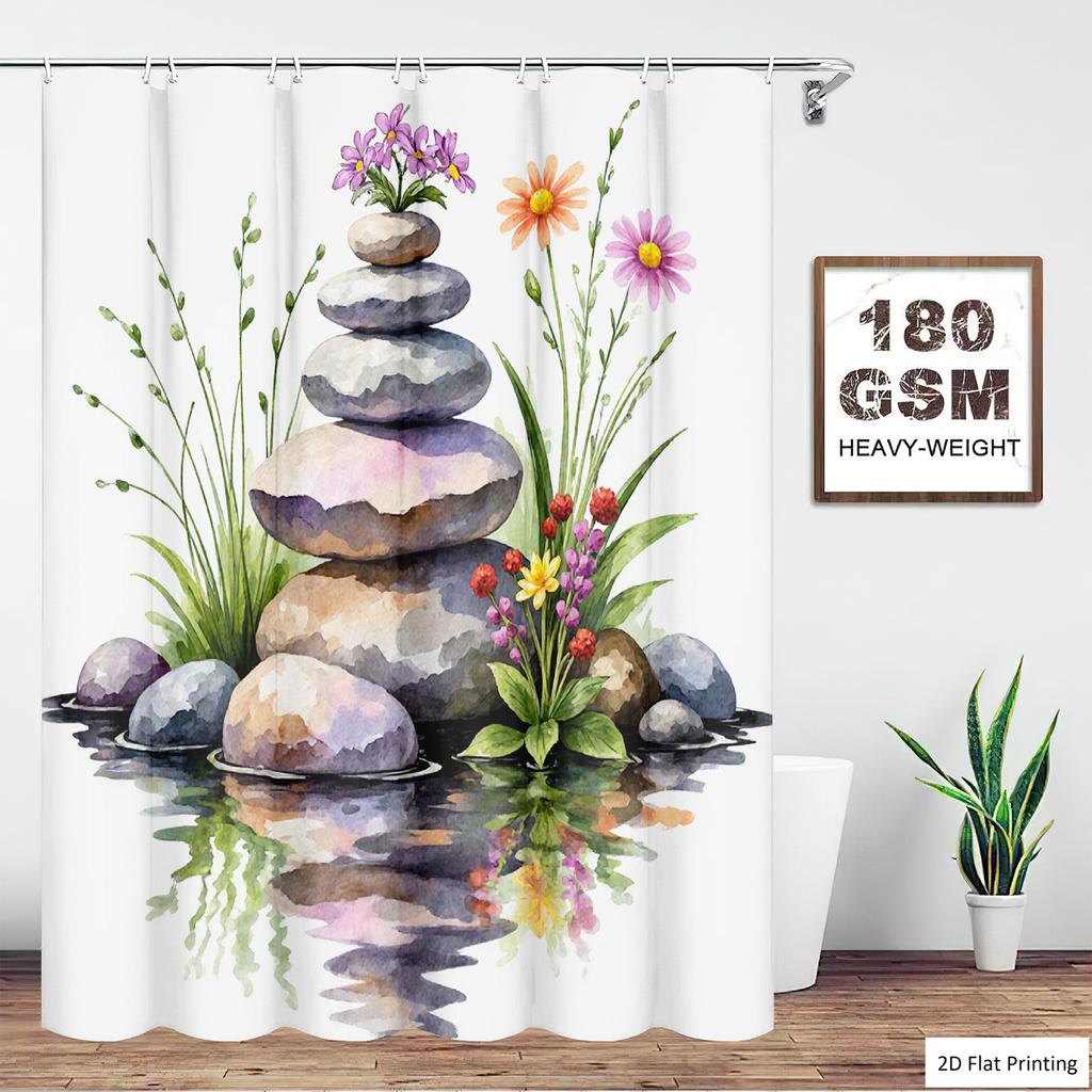 4Pcs Zen Watercolor Shower Curtain Set with Non-Slip Bath Mat, Toilet Lid Cover, Contour Rug & 12 Hooks, Bathroom Decor
