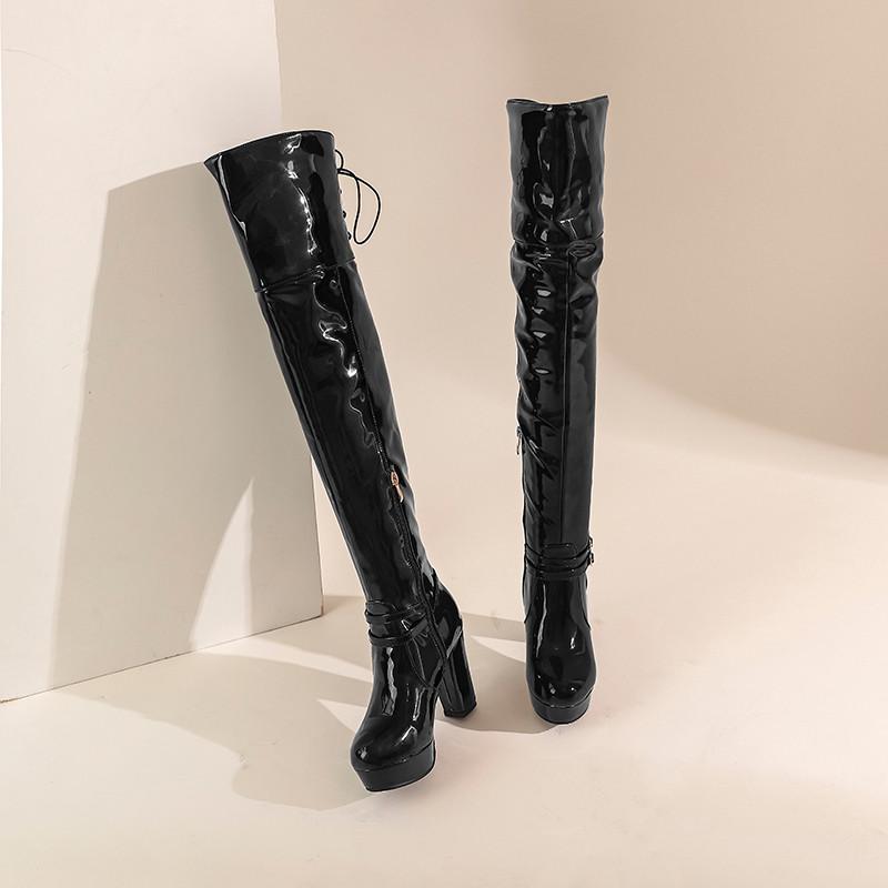 Dámské boty na vysokém podpatku podzimní a zimní klasické voděodolné platformové silný podpatek plus kozačky nad koleno