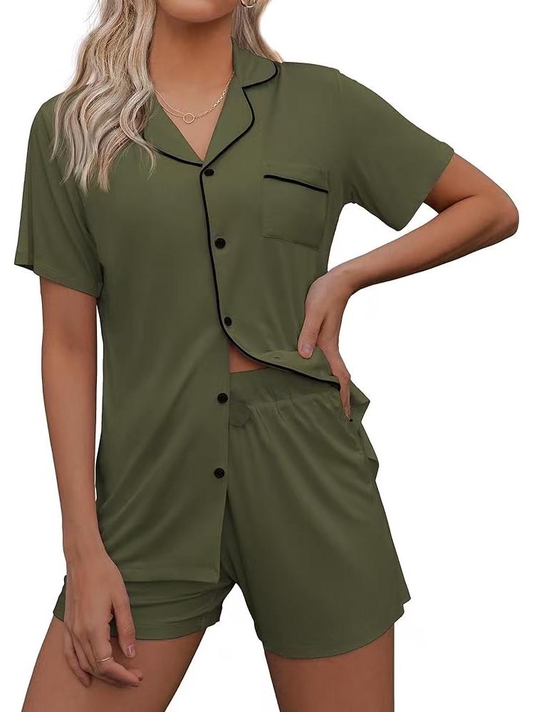 European & American Casual Lapel Women's Short Sleeve Cardigan Pajama Set with Shorts