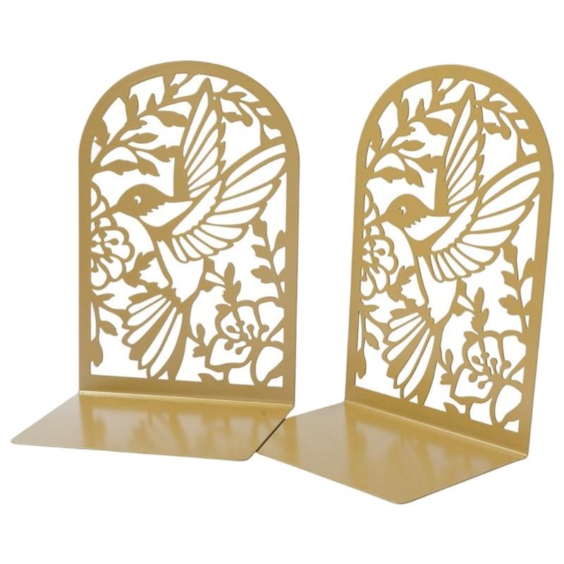 2Pcs Book Ends for Shelves Hollowed Bird Flower Metal Bookends Heavy Duty Book End Decorative Book Stoppers for Shelves
