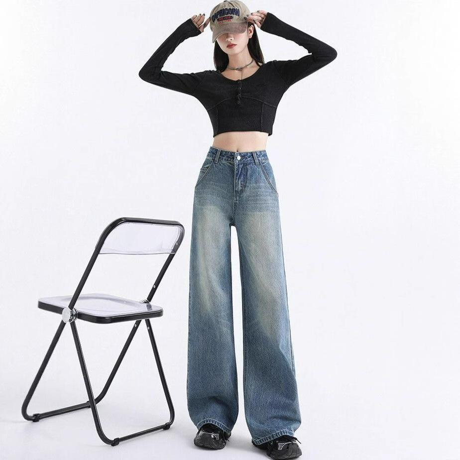 Comfortable Washed Design Sense Wide Leg Jeans Women High Waist Large Yards Do Old Loose Straight Long Trousers Jeans for Women Long Denim Pants