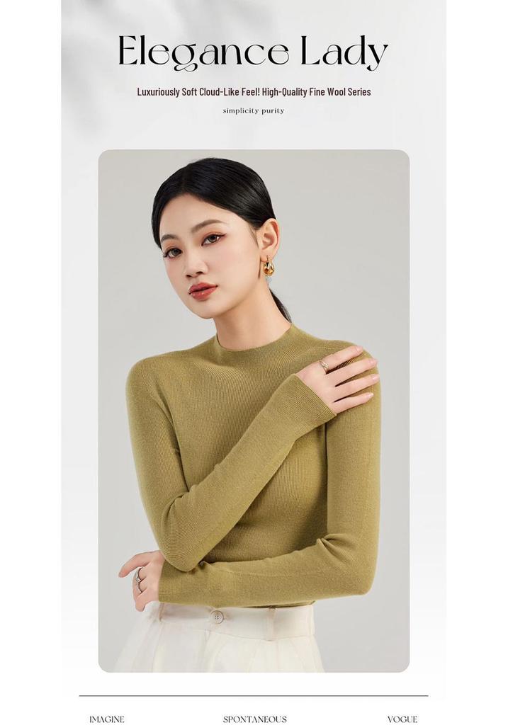 Autumn/Winter Women's Seamless 100% Wool Half-High Neck Slim Fit Sweater