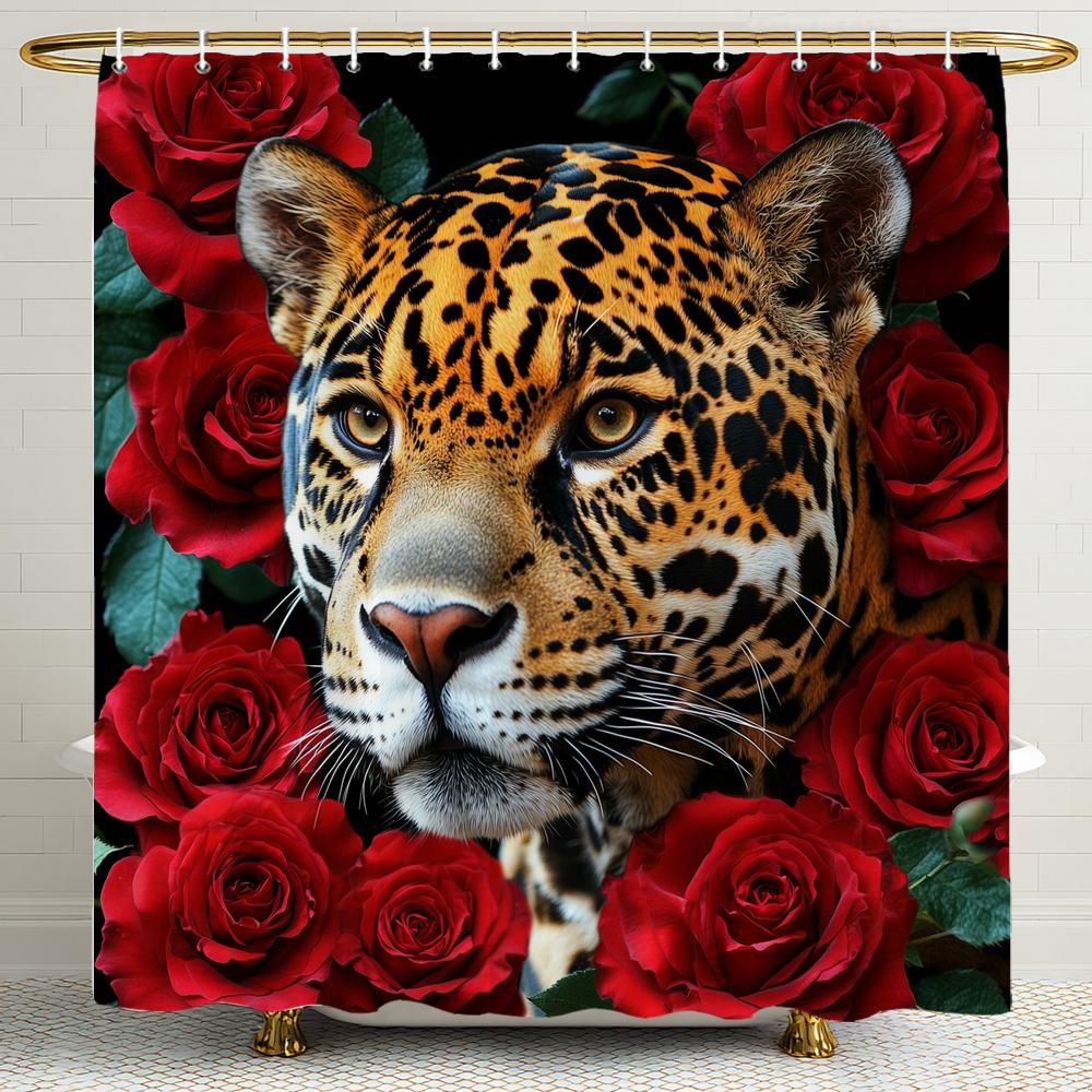Leopards, Tigers, Wolves,Flower Animals Shower Curtain, Bathroom Shower Curtain, Waterproof Shower Curtain With Hooks