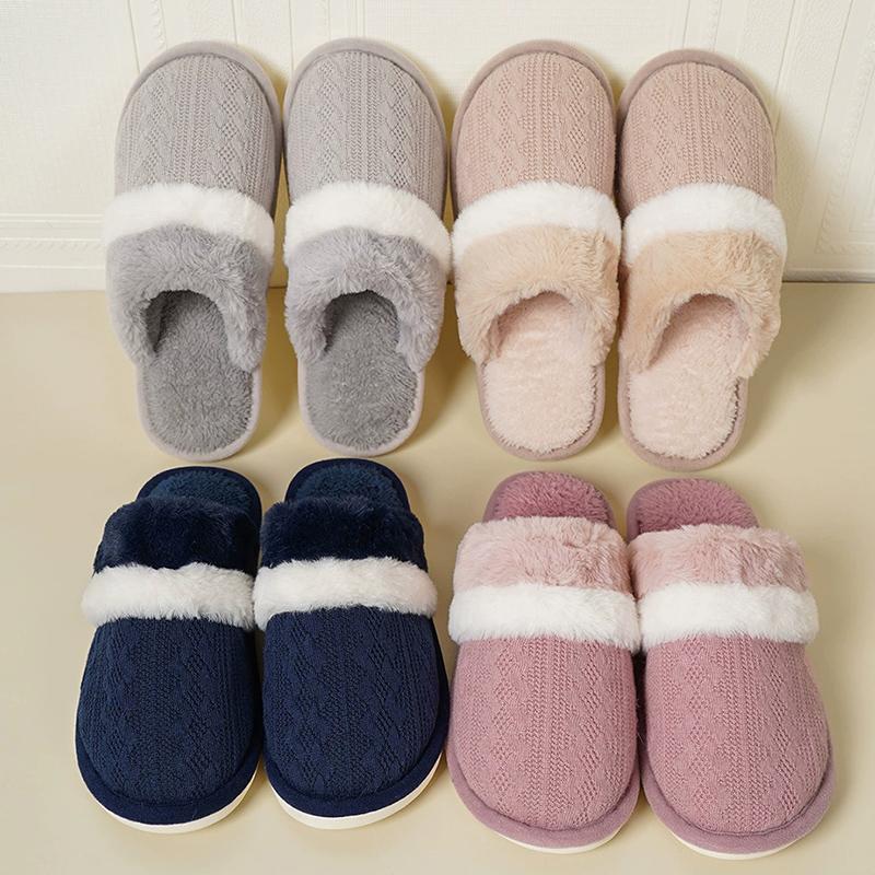 Fashion Winter Faux Fur Warm Cotton Slippers Women Slip On Round Toe Plush Slides Woman Mix Color Non Slip Cotton Slippers Female