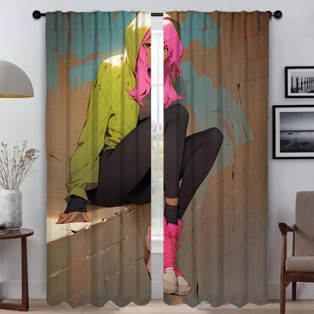 Curtains Child Room Street Punk Girl Window Curtain for Room 2 Panel Home Interior Curtains Tulle for Bedroom Shades Partition