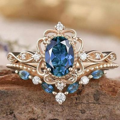 Bagues Tendance pour Couple en Zircon Bleu: Bagues en alliage doré style européen et américain pour femmes
