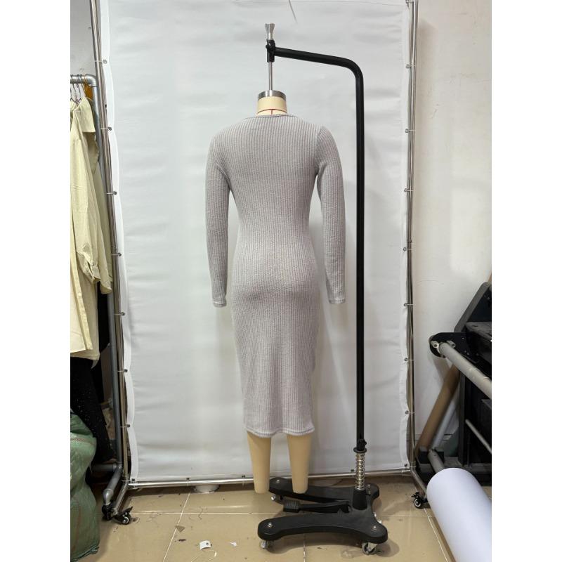 New Autumn and Winter Women's Round Neck Long Sleeve Twist Slit Solid Color Elegant Slim Dress