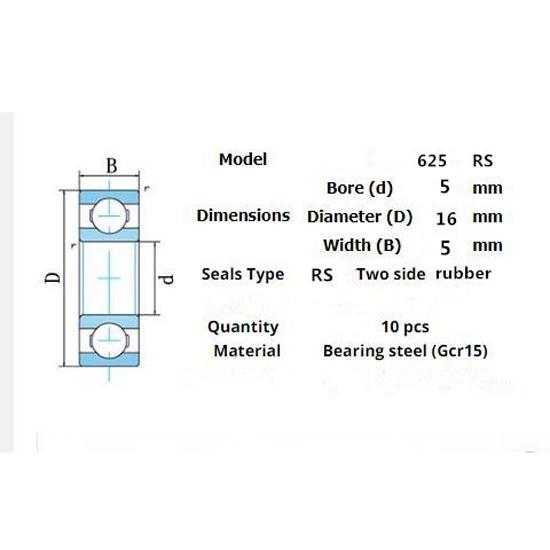 Bearing 10pieces 625RS 5*16*5(mm)
