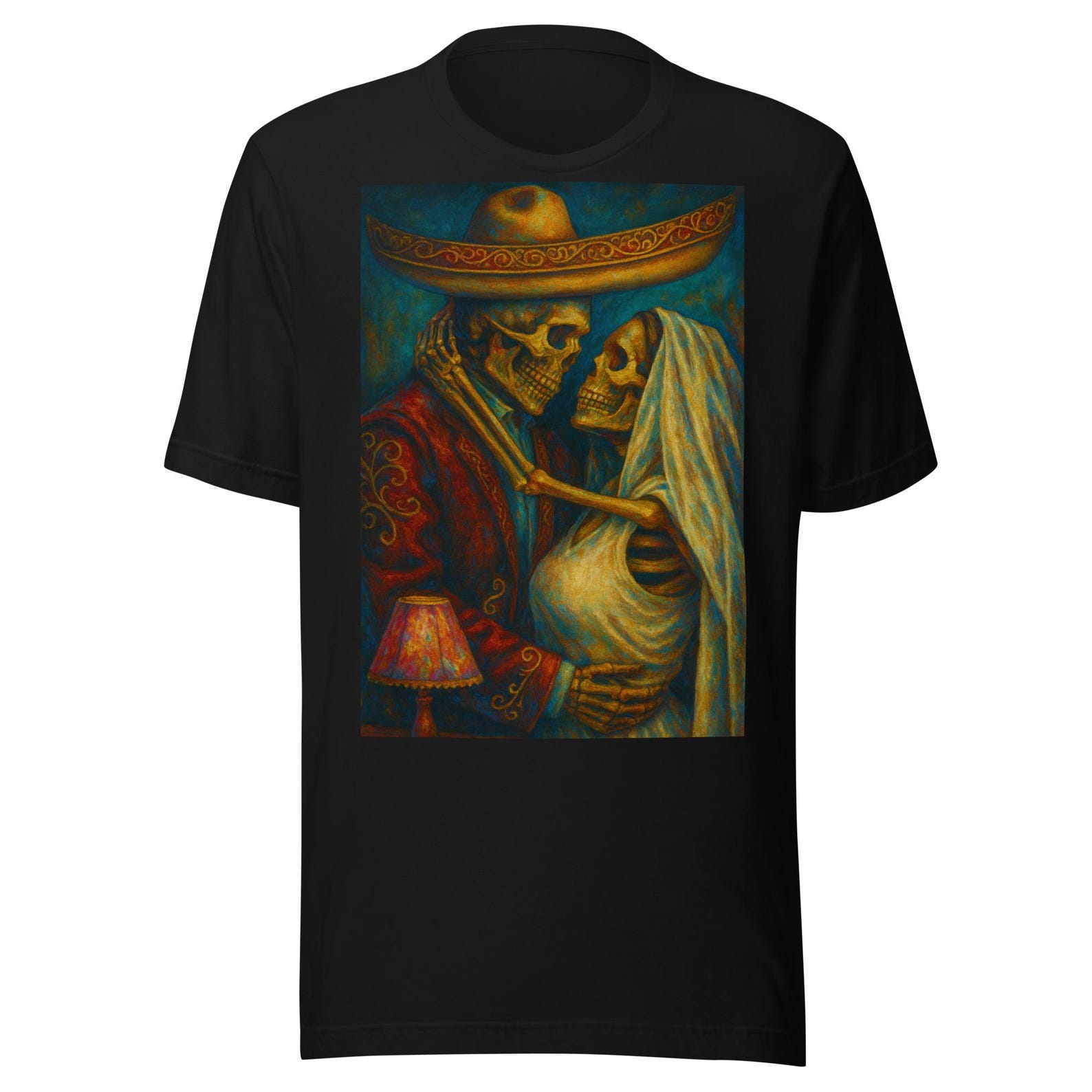 Eternal Love Skull Art – Mexican Skeleton Couple Romance with Sombrero & Veil Unisex t-shirt L