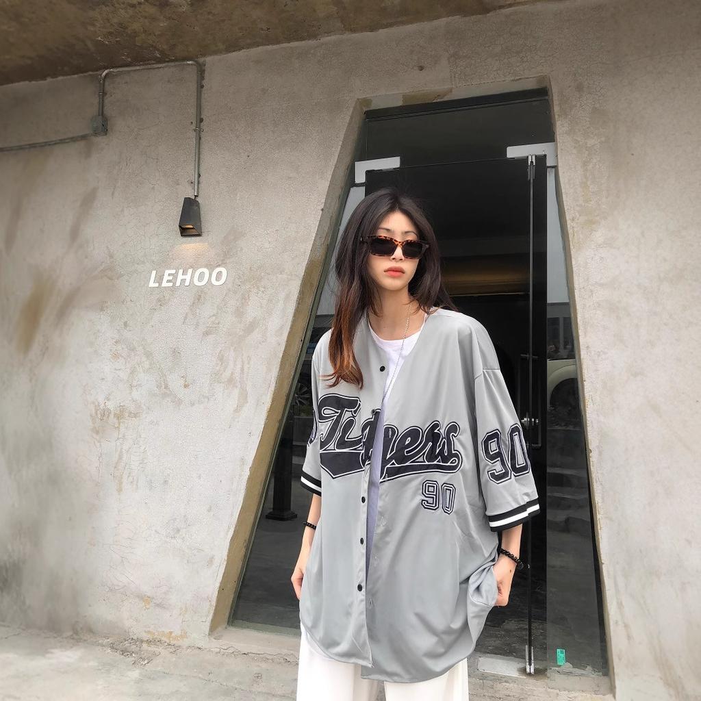 Women's Collarless Short Sleeve Button Up Shirt Loose Fit Vintage Letter Printed Baseball Jacket Top