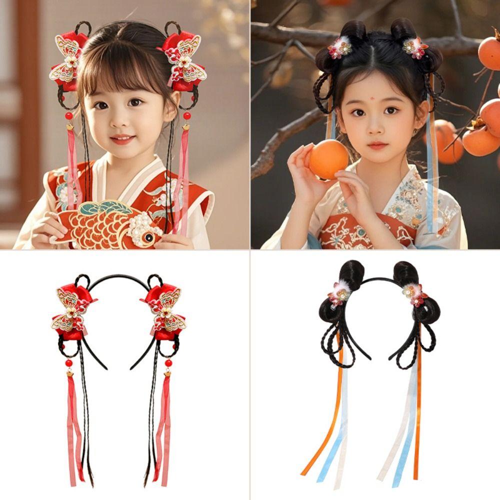 Braid Hair Chinese New Year Headwear Tassel Hanfu Hair Sticks Lovely Red Bow Hairband Children