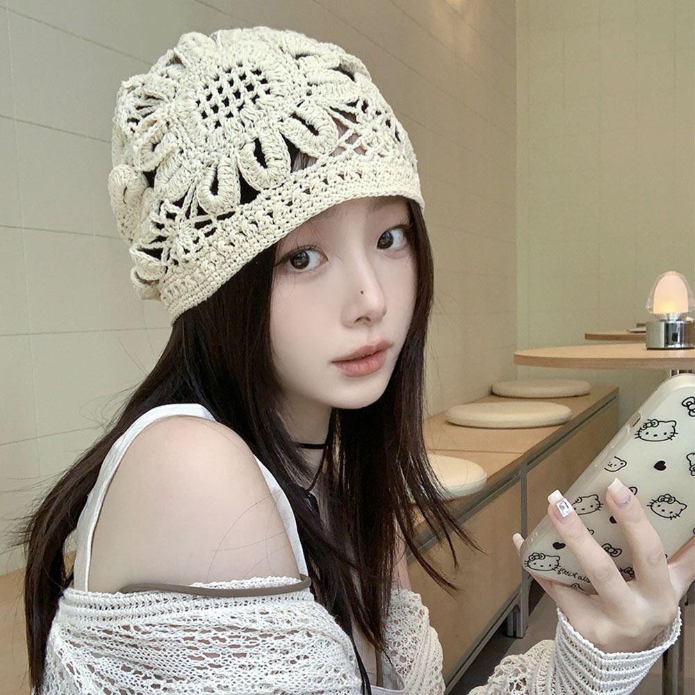 Blomster Baret Lue Blonder Skullies Lue Pustende Strikkelue for Kvinner