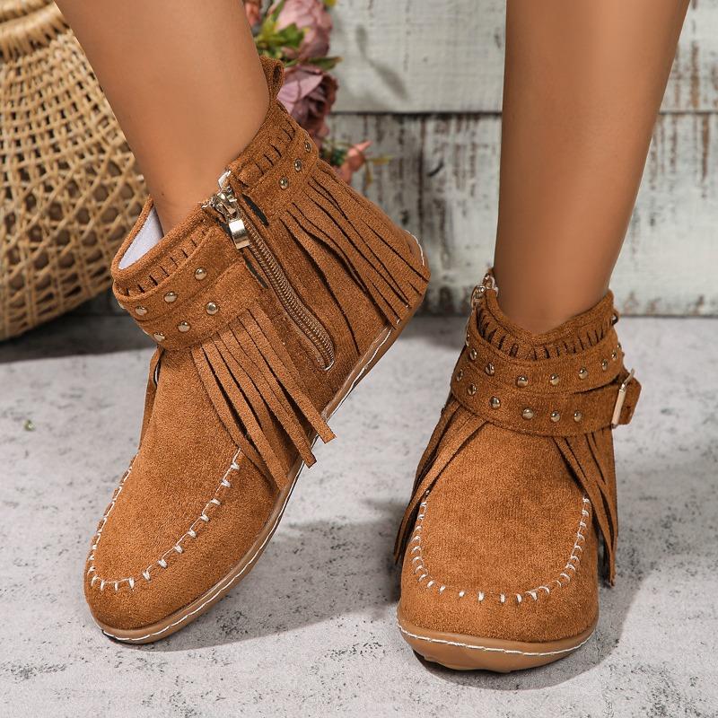 Large size rivet tassel metal buckle with short tube cigarette boots women's autumn and winter new flat bottom warm women's boots