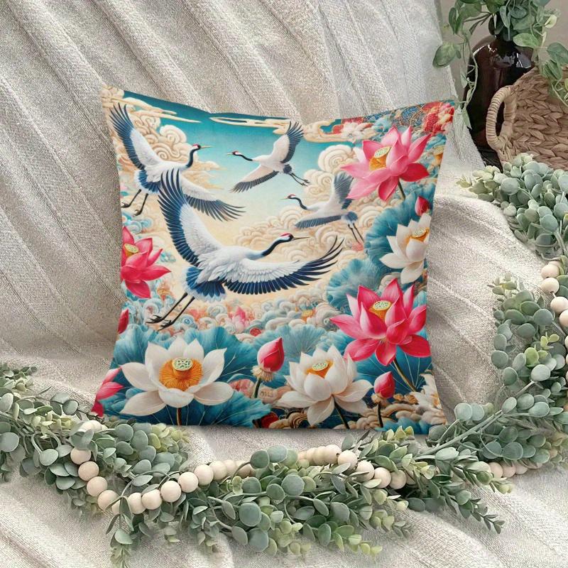 One Cushion Cover Featuring A Festive Theme With Cranes Flying Among Flowers, Equipped With A Hidden Zipper, Suitable For Sofas,