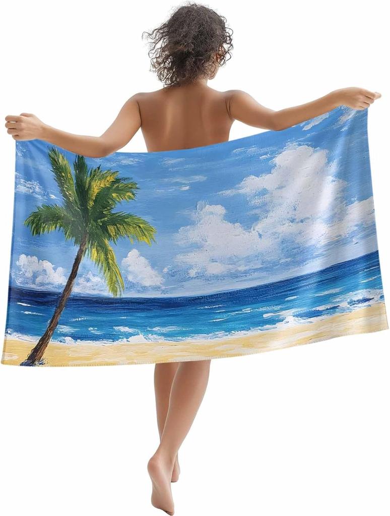 Beach Towel Summer Ocean Beach Microfiber Sand Free Towel, Blue Sky Sea Soft Absorbent Quick Dry Travel Towels for Women Men