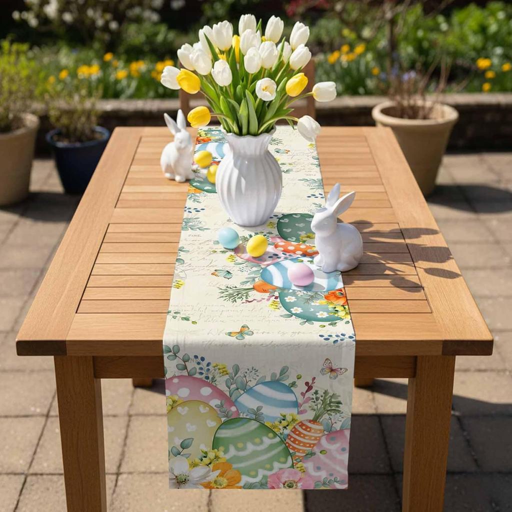 Easter Egg Linen Table Runner Home Party Decor Spring Spring Watercolor Floral Butterfly Plants Table Runners Easter Decorations
