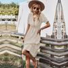 Women Summer Casual V Neck Striped Short Sleeve Button Dress Medium Long With Tassel