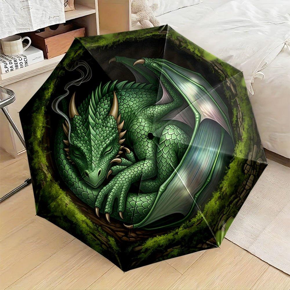 Automatic Open/Close Folding Umbrella with Green Dragon Design - Compact Travel Umbrella, Sturdy 8-Rib Shaft, Lightweight & Po