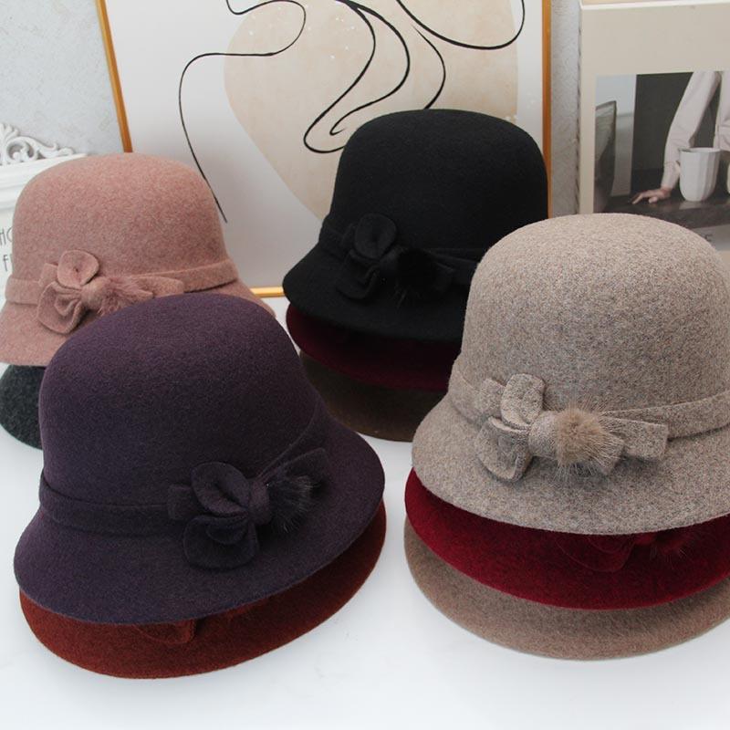 New autumn and winter women's wool top hat middle-aged mother hat retro bow basin hat foreign style warm old man hat