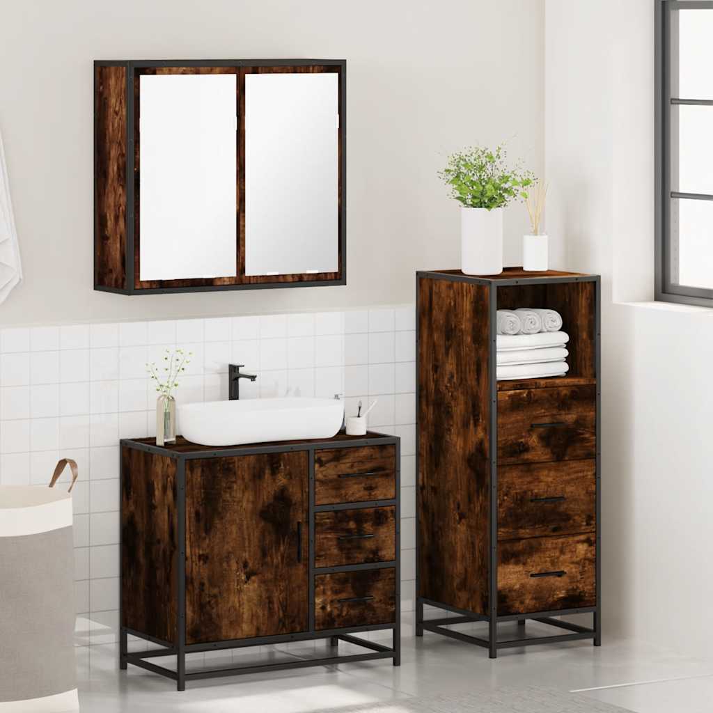 3 Piece Bathroom Furniture Set Smoked Oak Wood Based Material