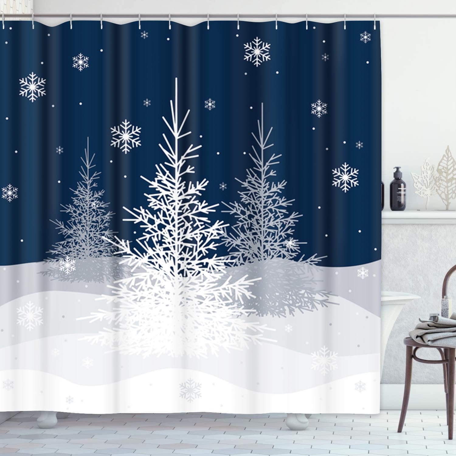 Christmas Shower Curtain, Gray Winter Christmas Trees Grey White Snowflake Waterproof Fabric Bathroom Shower Curtain Set With W60H190(CM)-1 Pcs