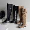 Cowhide version knight boots women's autumn and winter suede but knee high boots pointed thick heel thin pile boots women
