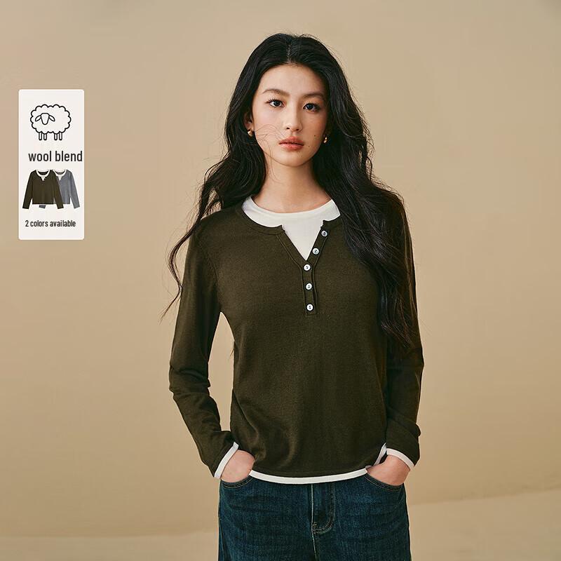 INMAN Damen Faux Zweiteiler Henley Wollmischung Strickpullover