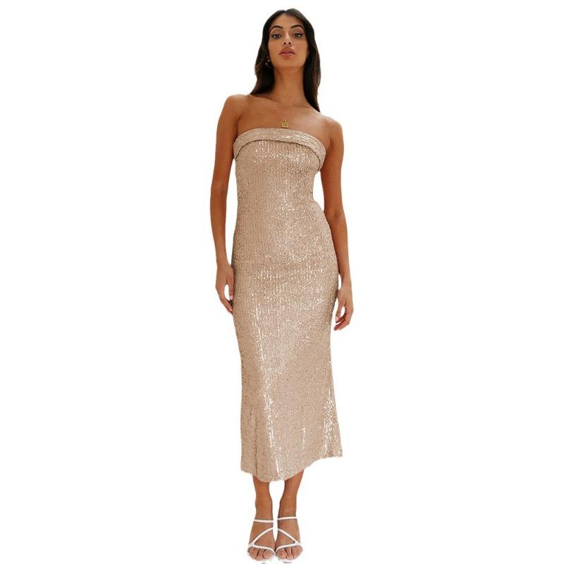 Bead Dress Sexy Strapless Dress High-end Temperament Hollowed Out Long for Women Evening Dresses