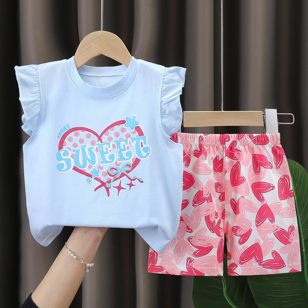 Girls' Cotton Short-sleeved Set For Summer Children's Casual Flared Shorts Two-piece Set