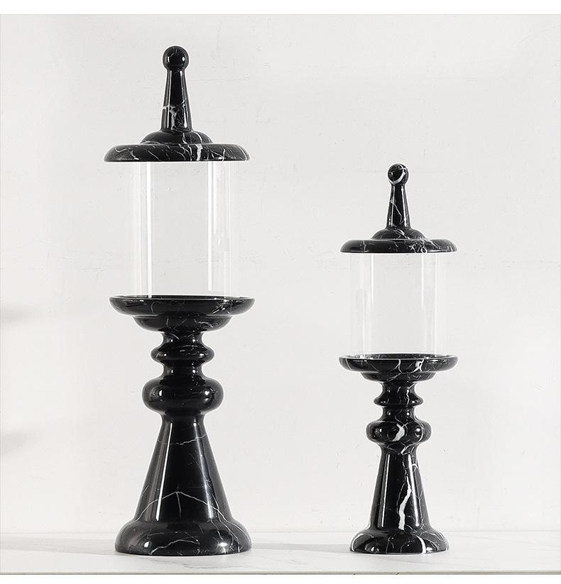 Decorative Large Candle Holder Marble Best Selling With Glass Hurricane Rustic Candle Holder (Black,12*39cm)