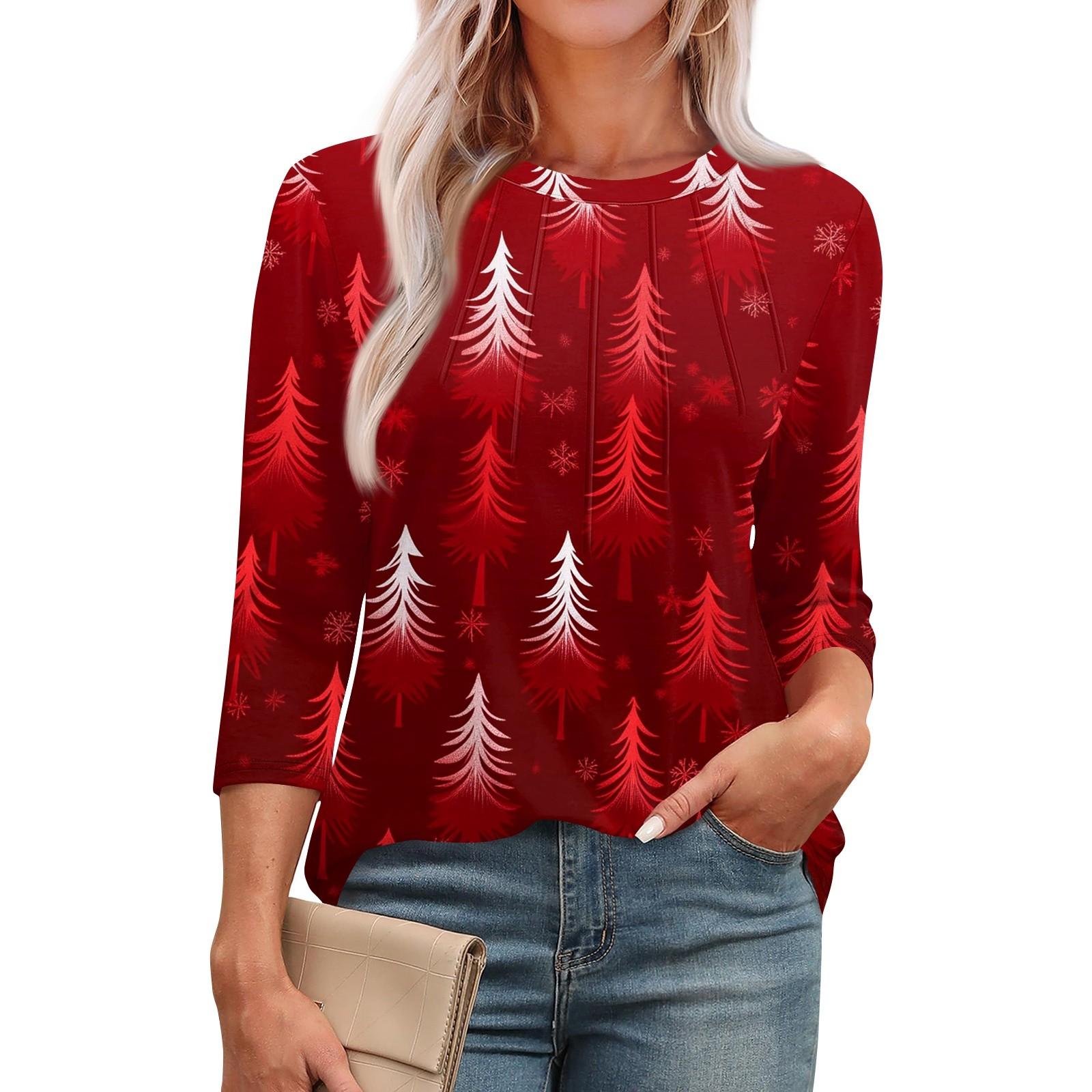 

Жіноча модна повсякденна повсякденна плісирована футболка з круглим вирізом і рукавом 3/4 з принтом S Кіновар