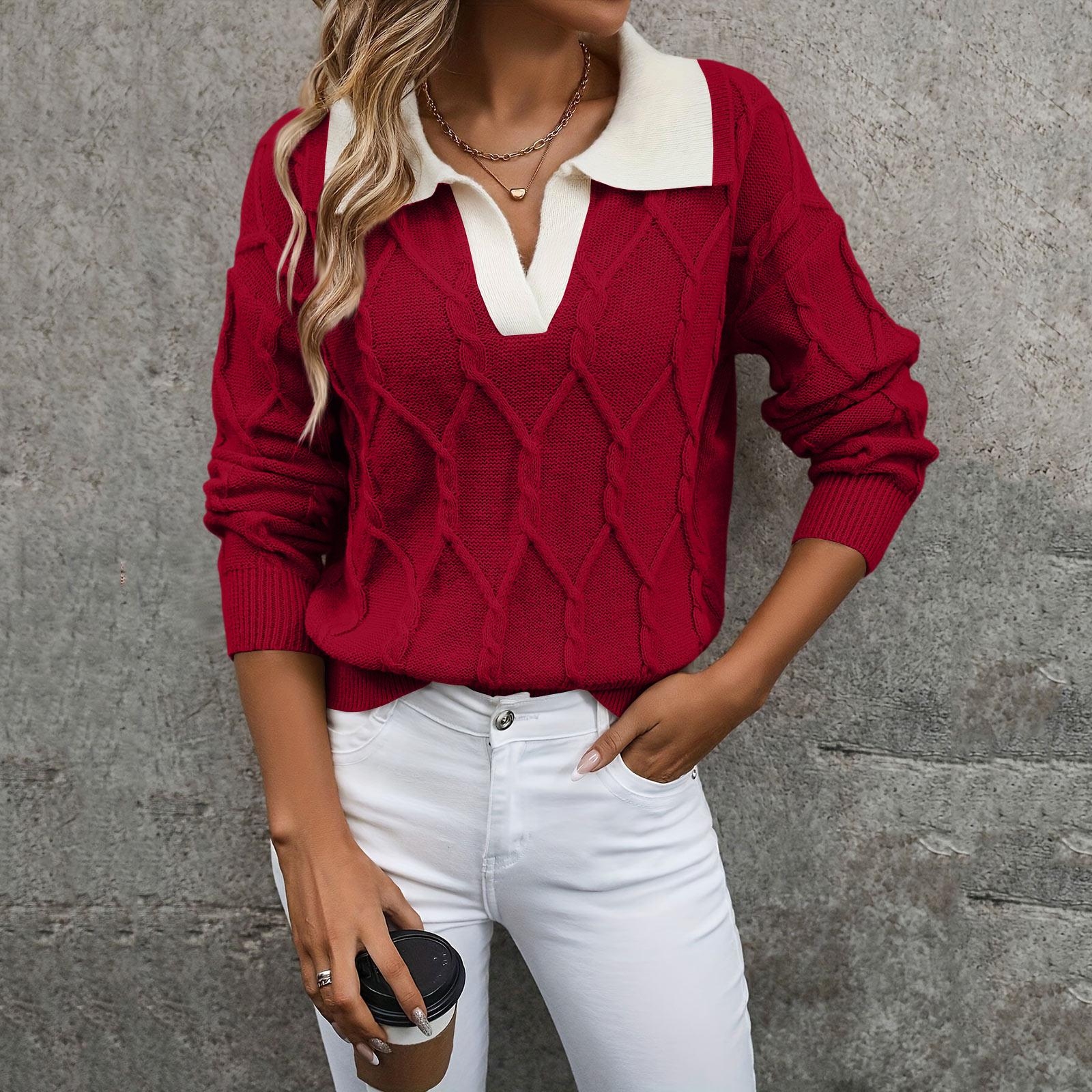 

Женский модный вязаный свитер с лацканами, длинными рукавами и контрастной расцветкой S красный