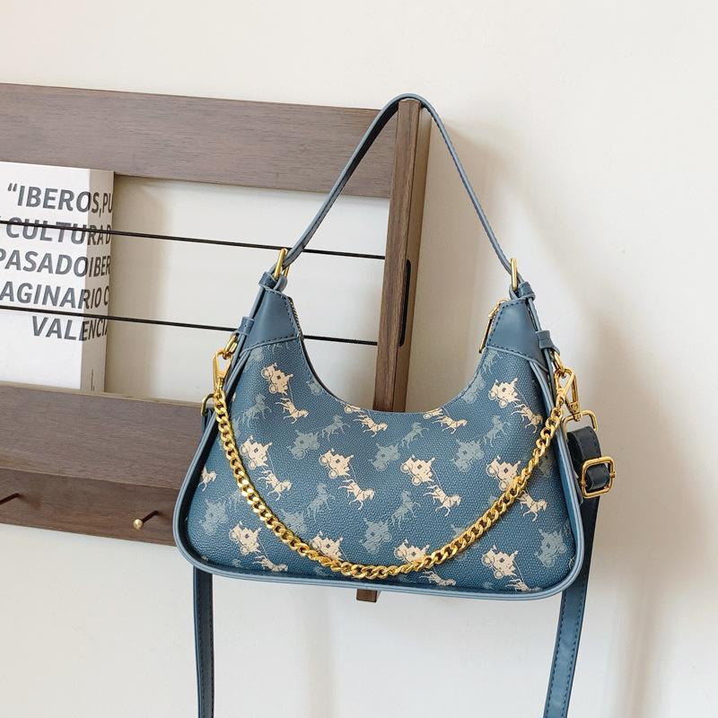 

Ретро принт цепочка сумка под мышкой женская 2025 новая сумочка трендовая универсальная на одно плечо кроссбоди женская сумка синий