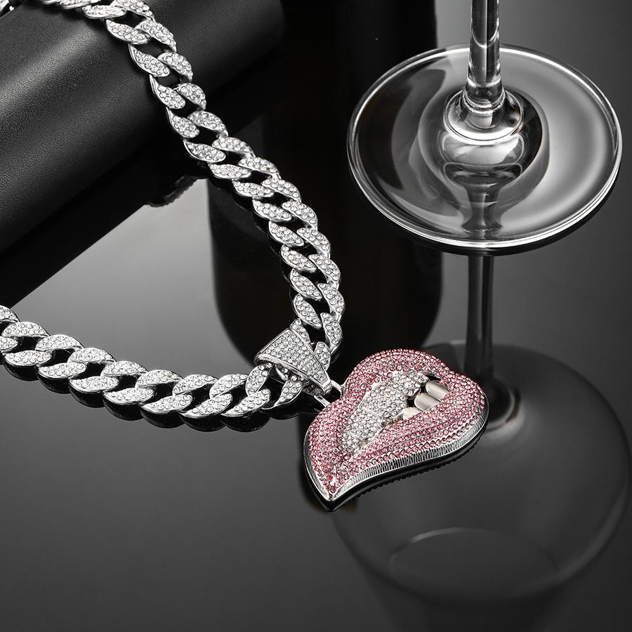 Men's Trendy Cuban Chain: Full Diamond Red Lip Pendant Necklace