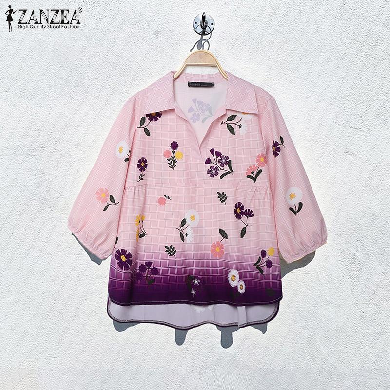 ZANZEA Damen Lässig Umlegekragen Locker 3/4 Ärmel Print Bluse