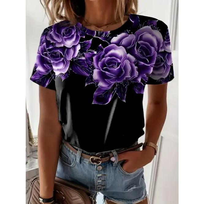 Summer Round Neck 3D Flower Butterfly Pattern Print Top Fashionable Casual Retro Short Sleeved Women's T-shirts