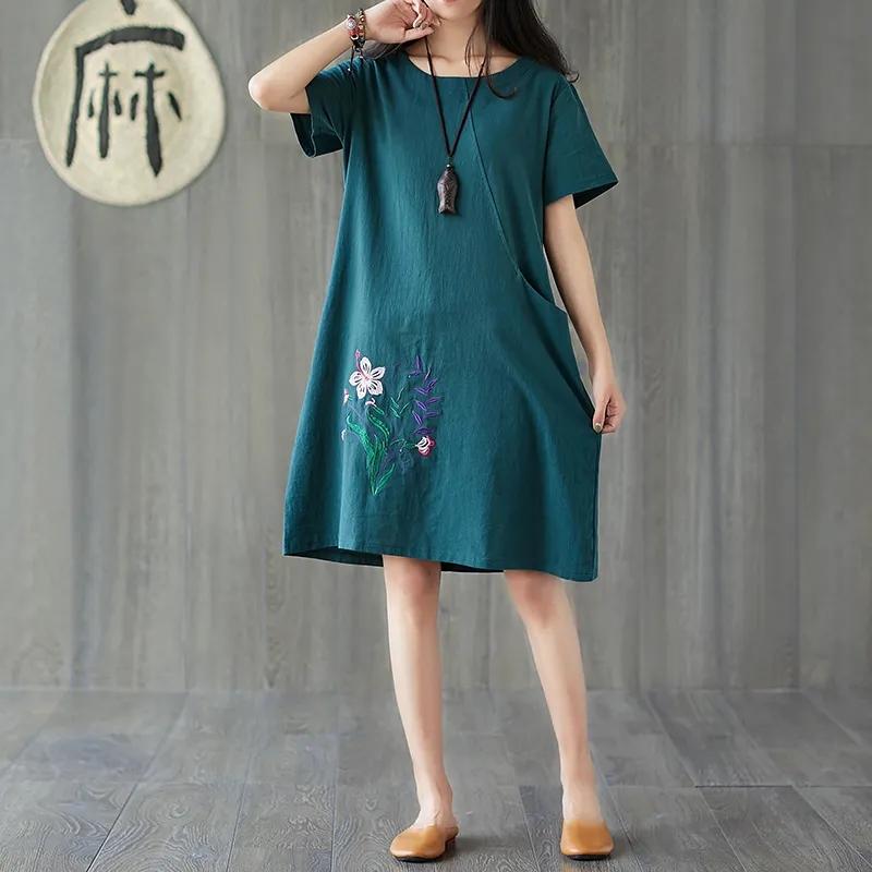 Bumbac și in, stil etnic retro, brodate lejer pentru femei, ocazională, rochie de lungime mijlocie, cu mâneci scurte, cu gât rotund de vară