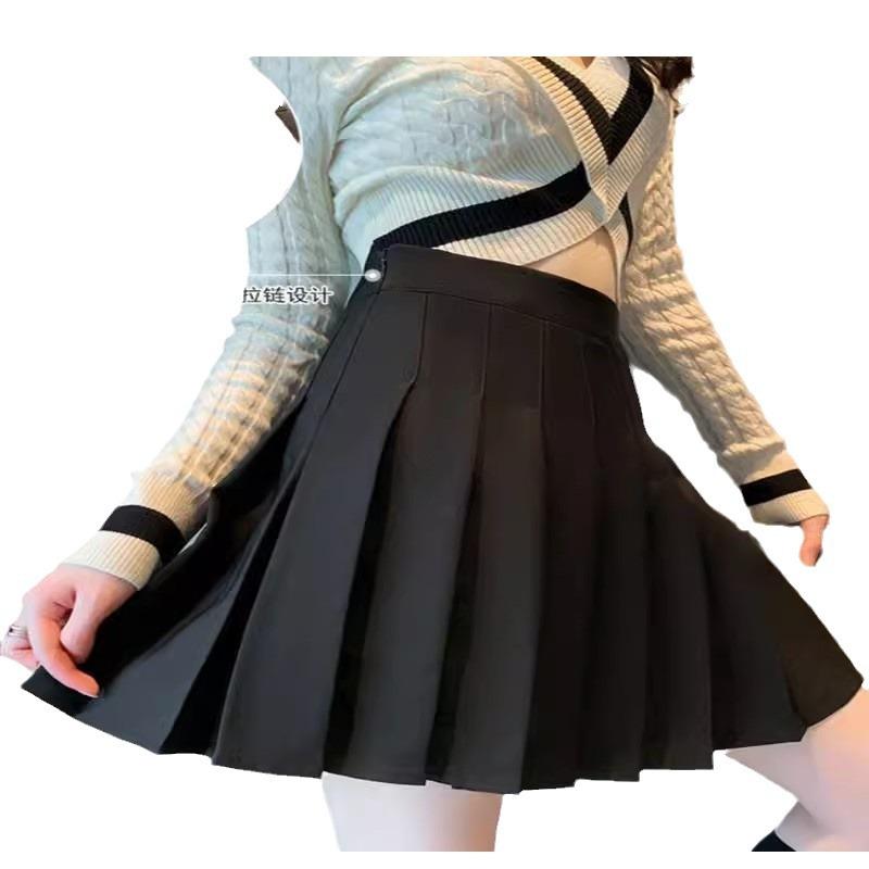 Petite Women's Summer Black Pleated A-Line Skirt High-Waisted Slimming Anti-Exposure JK Short Casual Design-forward Slimming All-match Versatile Skirt