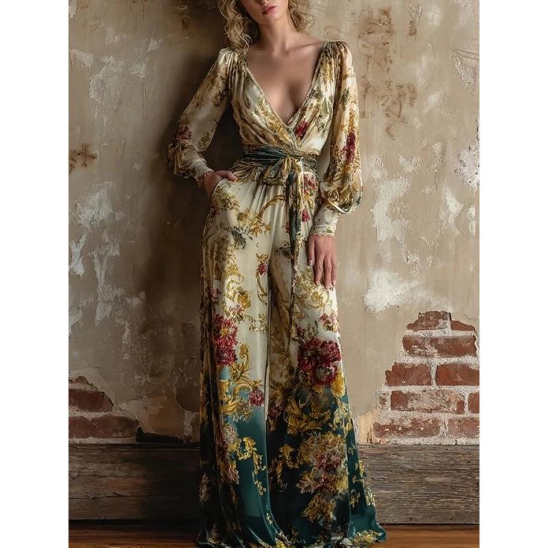 

Женский ретро-комбинезон с принтом, глубоким V-образным вырезом, широкими штанинами и рукавами-фонариками L