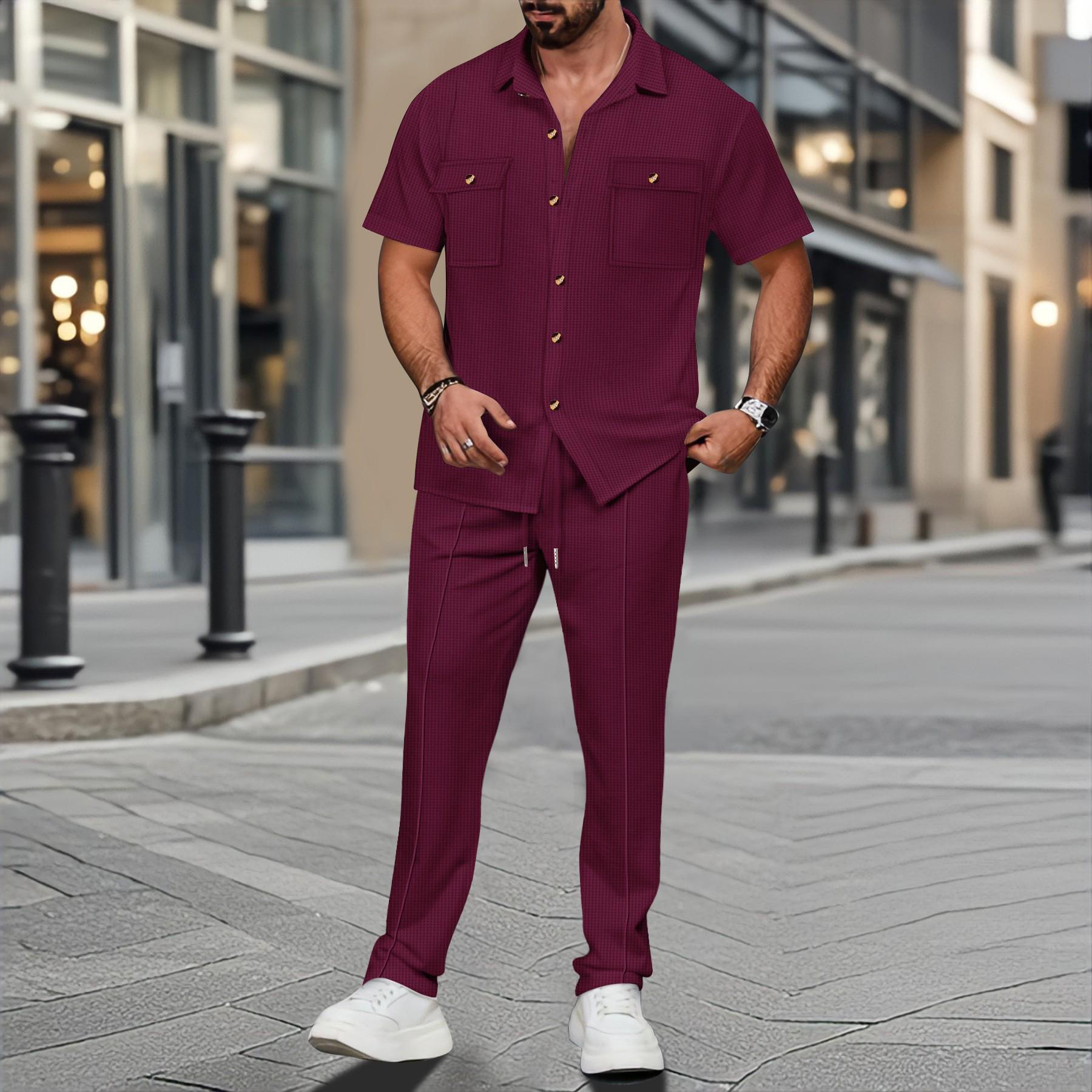 

2025 Men s European & American Solid Color Button Pocket Shirt & Long Pants Summer Set XXXL бордовый