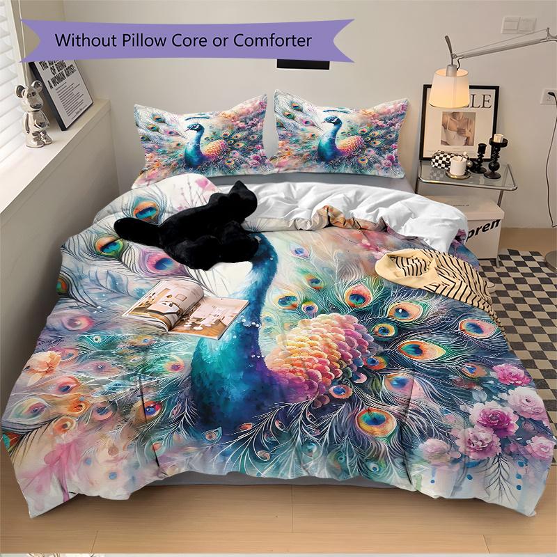 3pcs Colorful Peacock with Feathers Spread Amidst Flowers and Nature's Beauty Pattern Bedding Three-Piece Set (1 Cover + 2 Pillowcases, No Fillings)