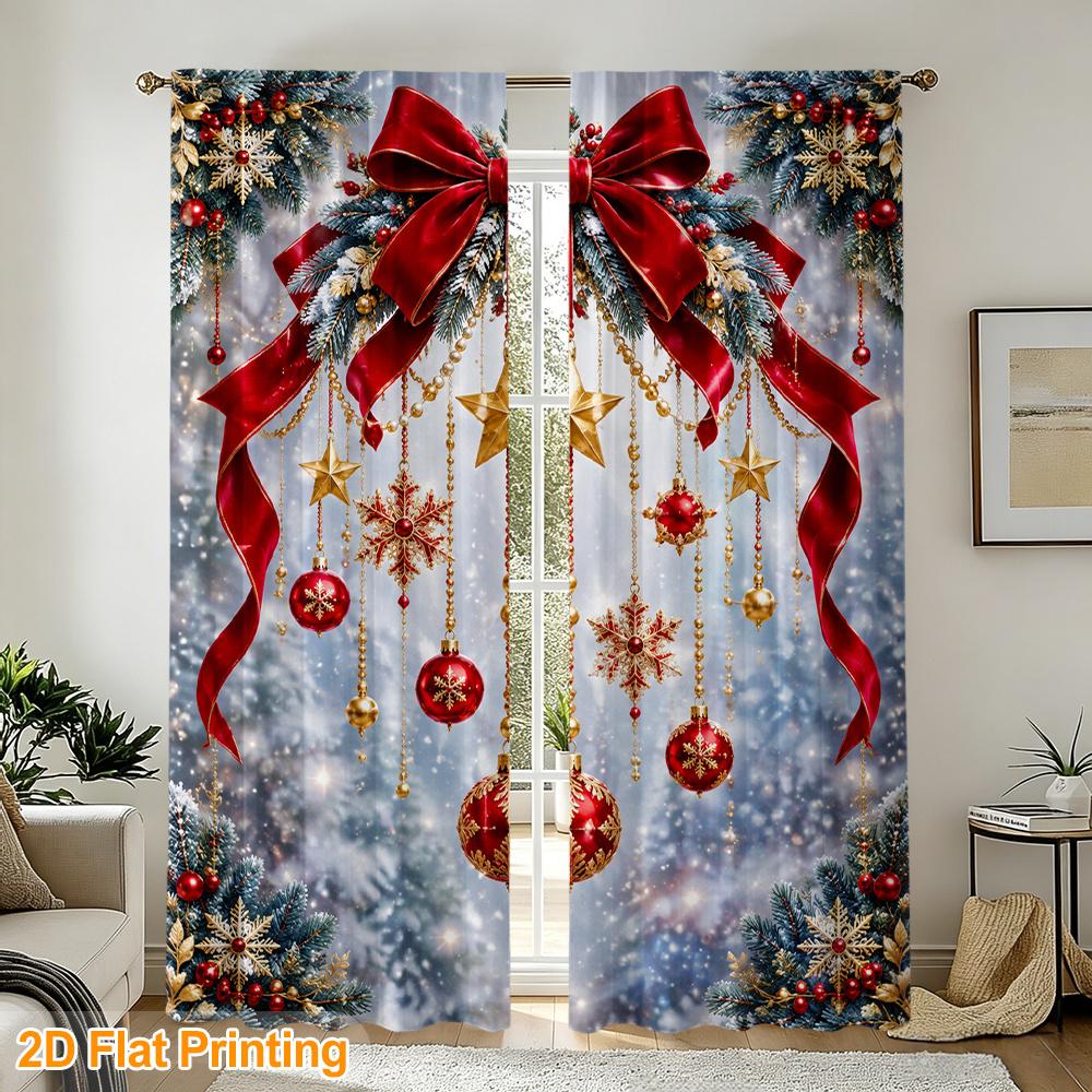 2pcs Rod Pocket Curtains with Red Golden Christmas Ornaments Print, Stylish Window Drapes for Home Decor Living Room Bedroom