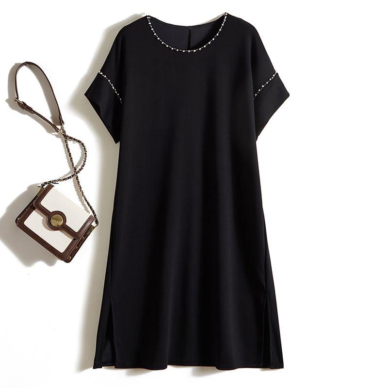 

Черное платье Хепберн! Богиня Лето Круглый Вырез с Рукавом-плечиком Воздушный Хлопок Ручная Работа Бисероплетение Разрез сбоку Клетчатое Платье Black 4XL