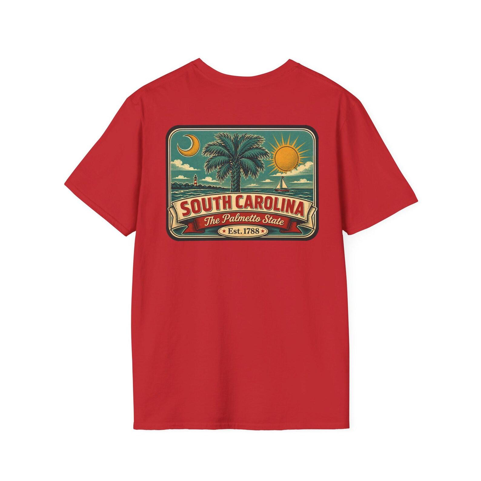South Carolina Palmetto T-Shirt | Vintage Mid-Century Travel Luggage Tag Tee | Palmetto State Souvenir | SC Gift 3XL