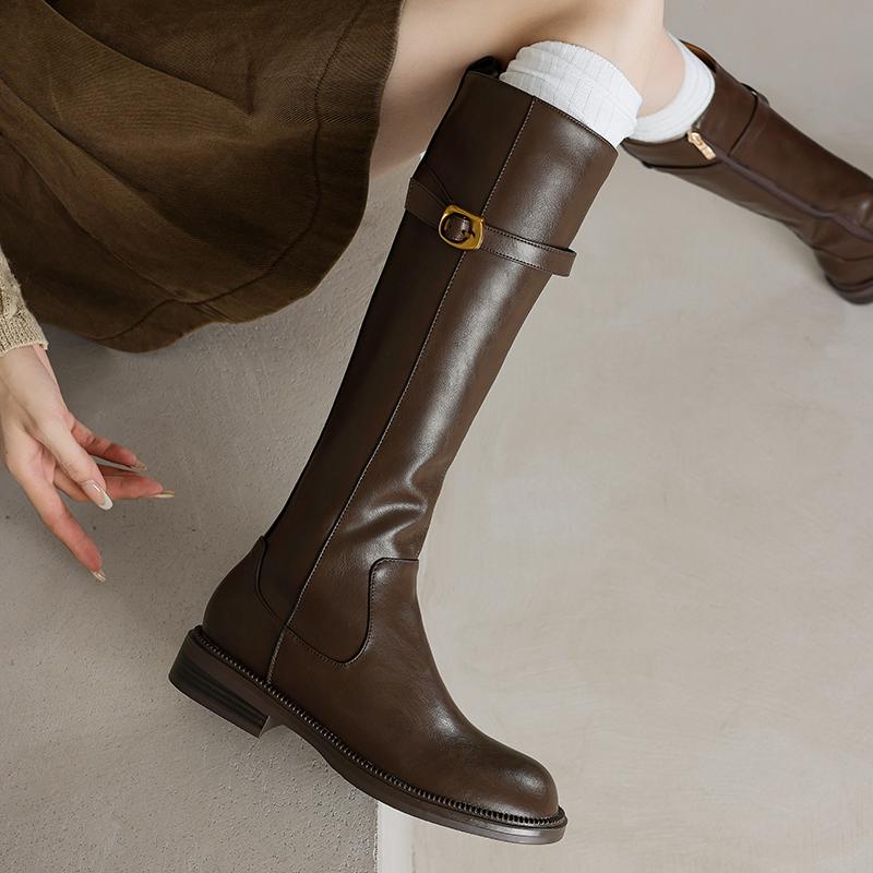 Women Knee High Boots Fashion Belt Buckle Long Tube Boot Quality Soft Leather Boot Slim Knight High Boots Lady Boots Botas Mujer