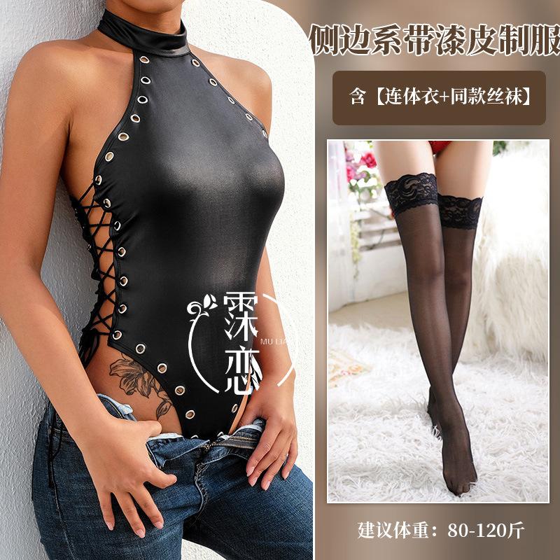 Patent Leather Uniform Sexy Side Lace-up Sex Underwear Skinny Neck One-piece Clothes Nightclub