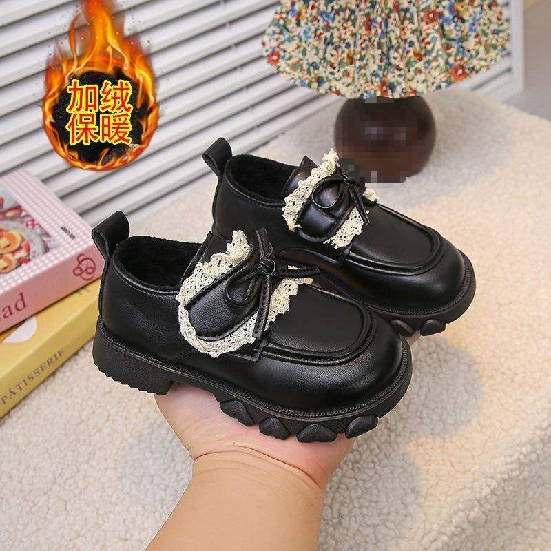2025 Autumn New Fashion Korean Version of Girls Lace Bow Princess Leather Shoes Soft Sole Non-slip Loafers Outer Wear