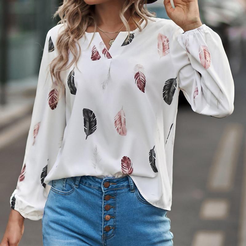 YYFS Women's Fashion Casual Fall Winter Feather Print Long Sleeve V-Neck Blouses & Shirts